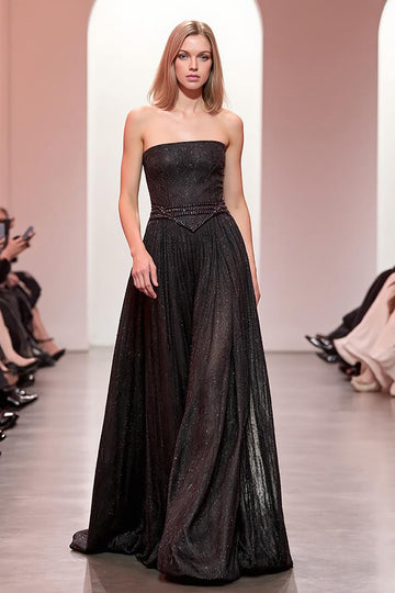 Black Sparkly Strapless Long A Line Evening Dress